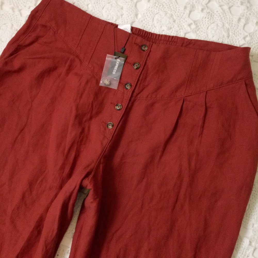 New Express Wide Leg Pants Rust Linen Blend Super High Rise Button Fly XL Women